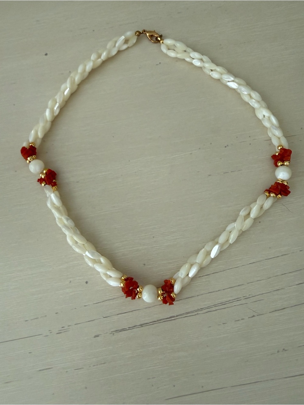 Vintage triple braided Strand mother of pearl and coral Beaded Necklace